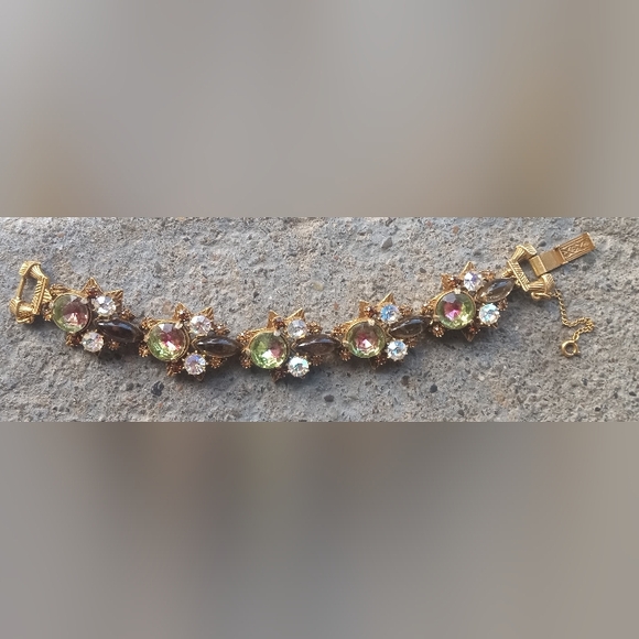 Florenza Watermelon Glass AB Rhinestones Link Signed Vintage 1960's Bracelet - Picture 13 of 16